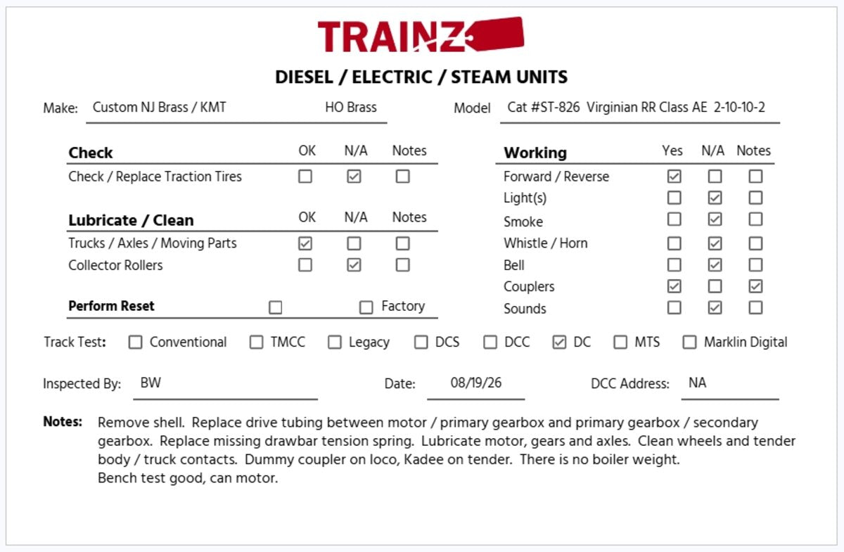 Custom NJ Brass ST-826 KMT BRASS HO Scale Virginian Railway 2-10-10-2 Class AE EX/Box