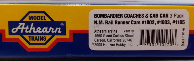 Athearn 10170 N Scale Rail Runner Bombardier Coaches & Cab Car 3 Pack EX/Box
