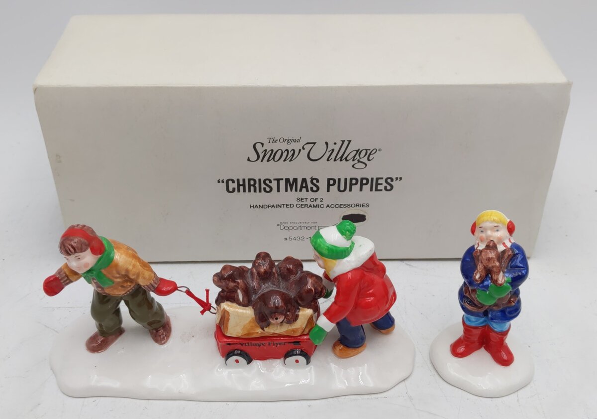 Department 56 5432-1 Snow Village "Christmas Puppies" Ceramic Figurines EX/Box