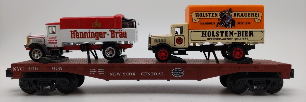 MTH 30-76119 O Gauge New York Central Flat Car w/ Box Trucks EX/Box