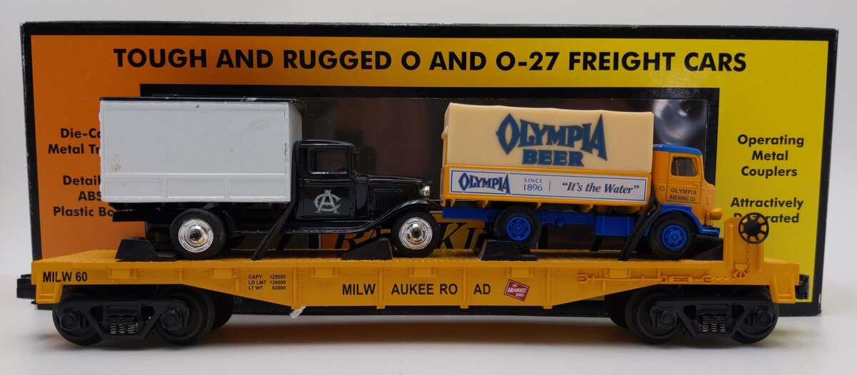 MTH 30-76122 O Gauge Milwaukee Road Flatcar With 2 Box Trucks #60 EX/Box