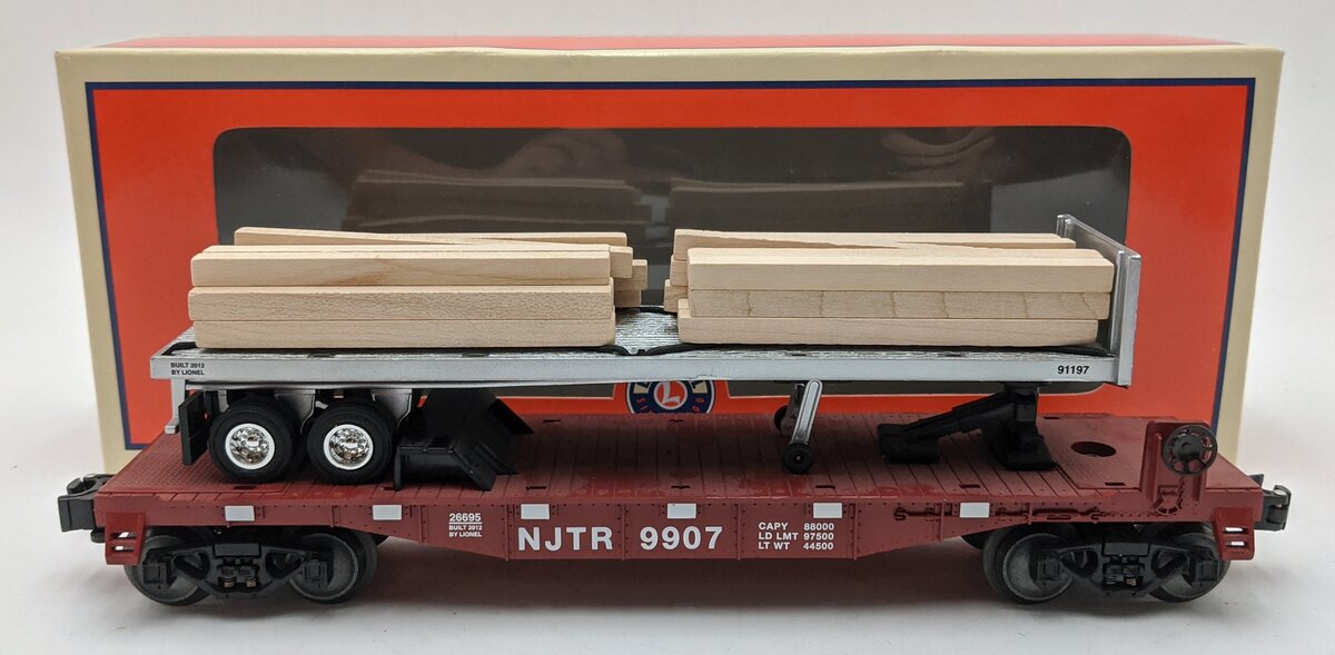 Lionel 6-26695 O Scale New Jersey Transit Flatcar w/ Trailer & Wood Ties LN/Box