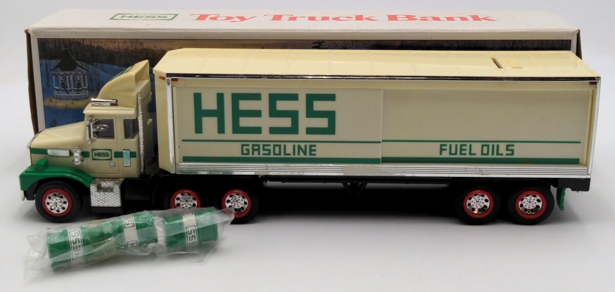 Hess 1987 Semi-Truck Gasoline Fuel Oils Toy Truck Bank W/Green Barrels NIB