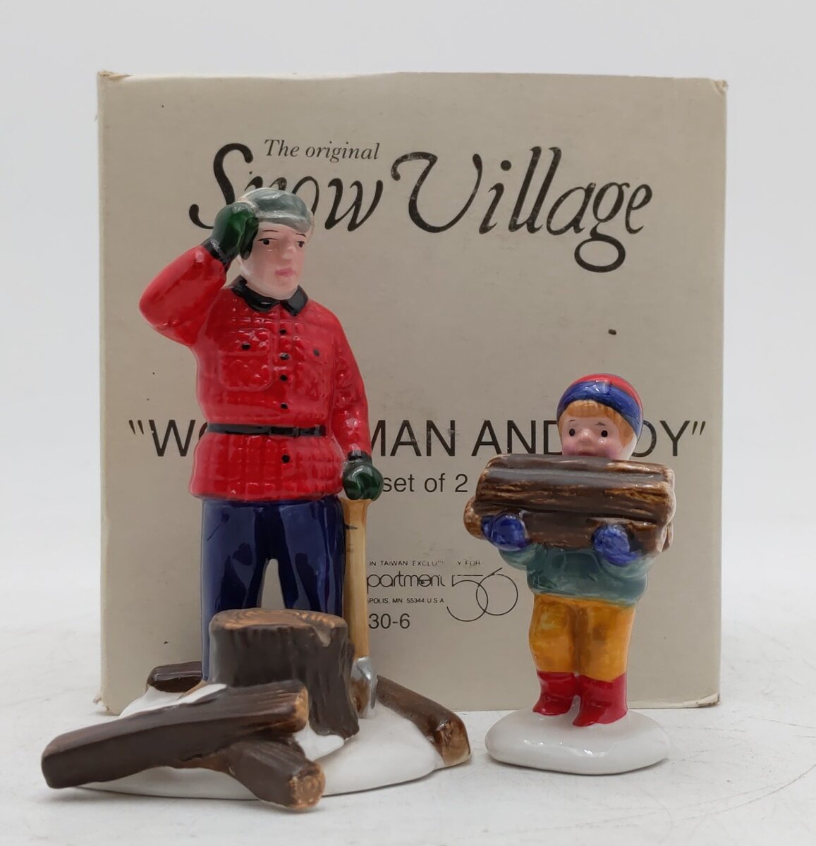 Dept 56 5130-6 The Snow Village "Woodsman And Boy" Ceramic Figures (Set Of 2) EX/Box