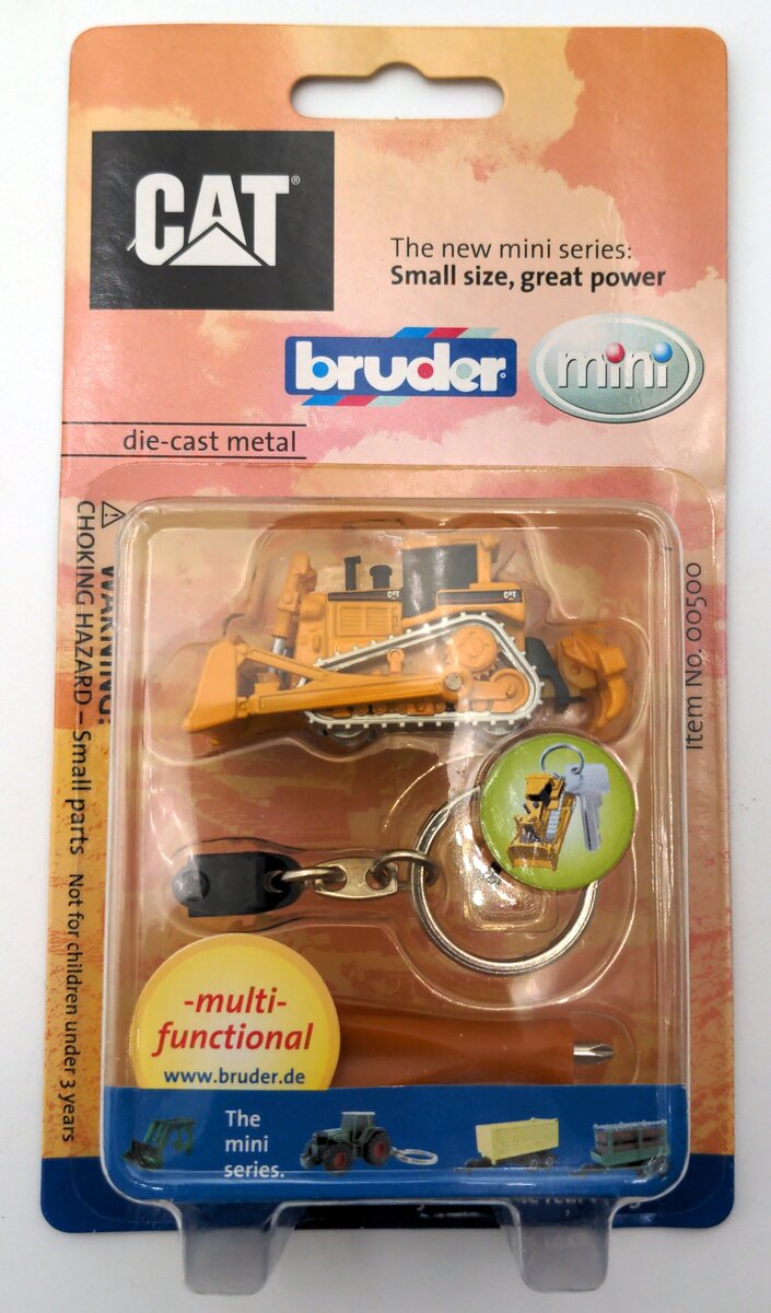 Bruder 00500 1:128 Scale Diecast Mini Series CAT Bulldozer Key Ring Set NIB