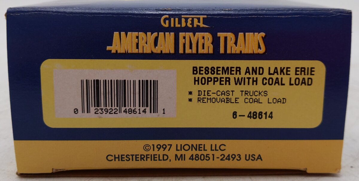 American Flyer 6-48614 S Gauge Bessemer & Lake Erie 3-Bay Hopper w/Coal Load/Box
