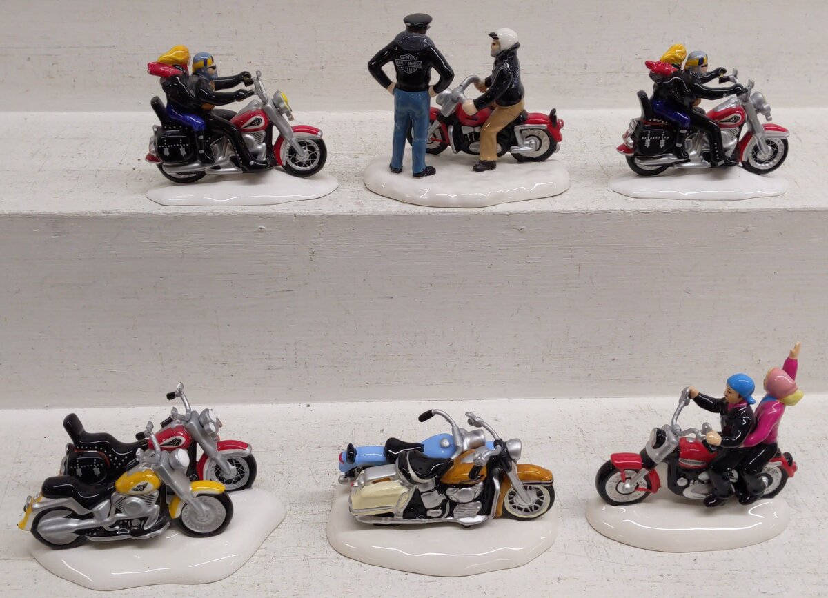 Dept 56 Assorted Snow Village Harley Davidson Bikes and Figures [6] EX/Box