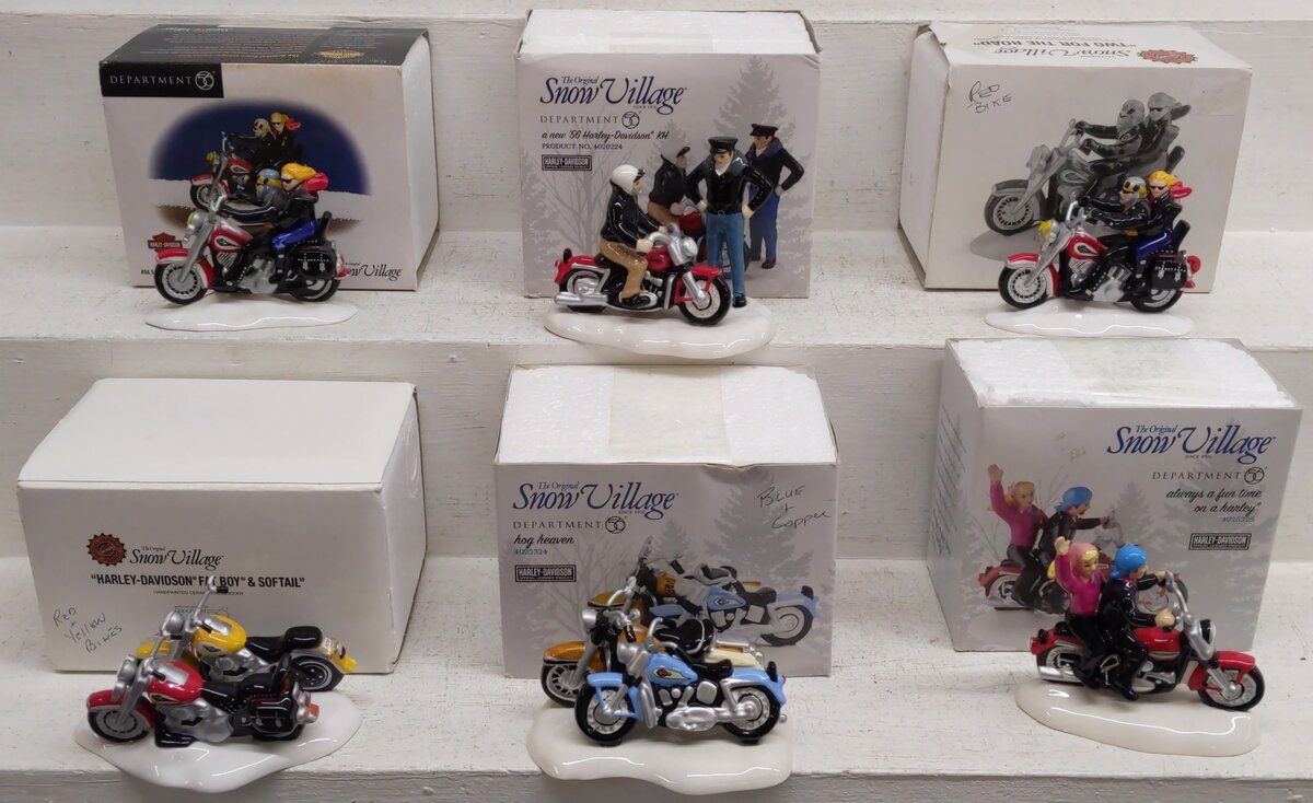 Dept 56 Assorted Snow Village Harley Davidson Bikes and Figures [6] EX/Box