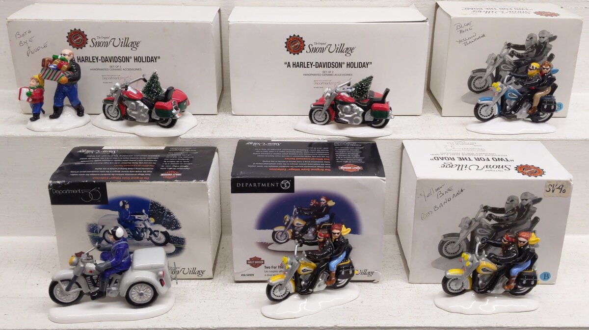 Dept 56 Assorted Snow Village Harley Davidson Bikes and Figures [6] EX/Box
