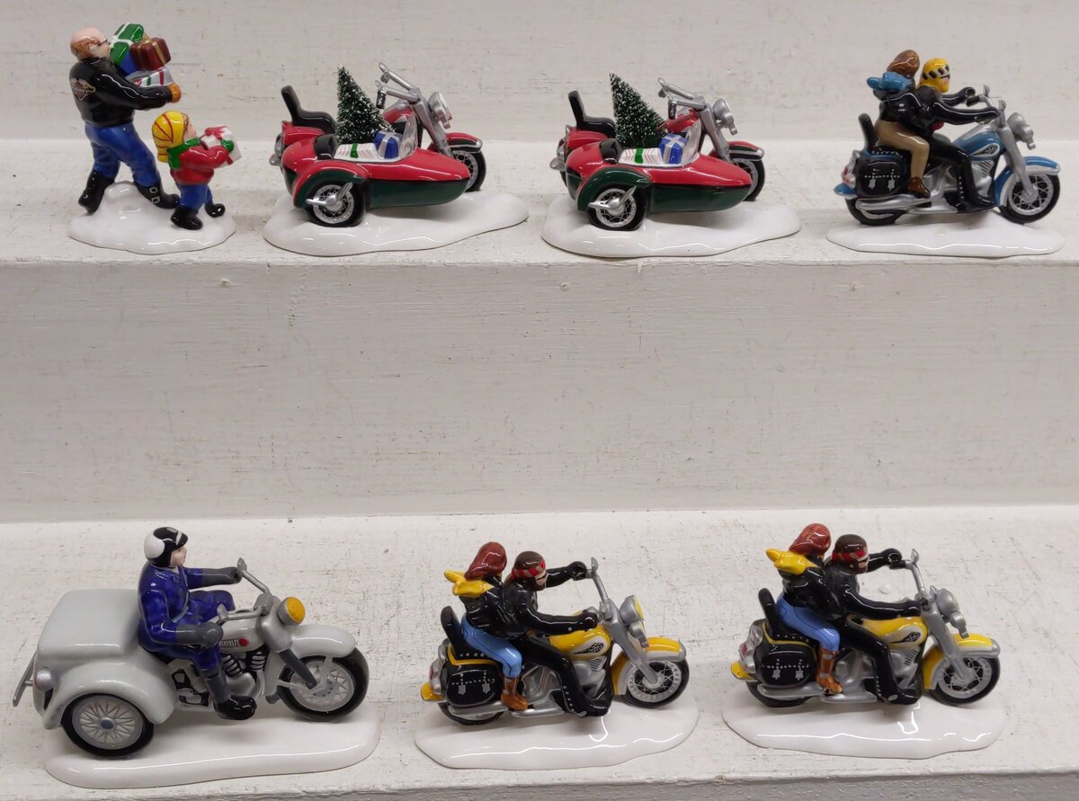 Dept 56 Assorted Snow Village Harley Davidson Bikes and Figures [6] EX/Box