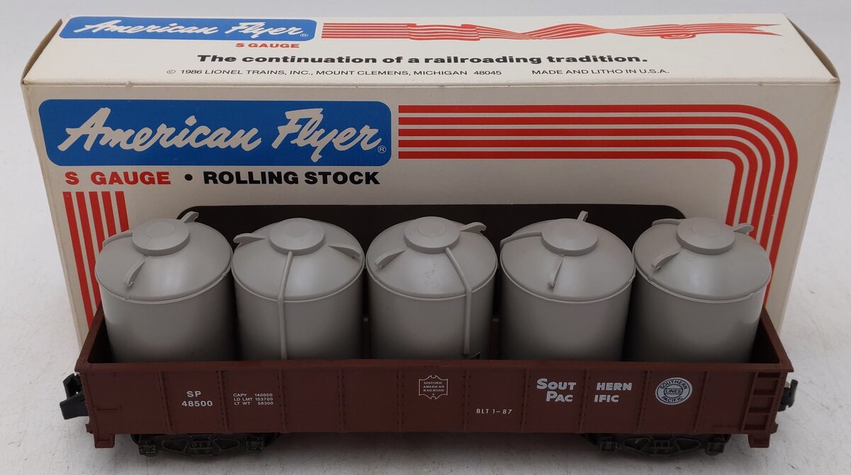 American Flyer 6-48500 S Gauge Southern Pacific Gondola w/Gray Canisters #48500 EX/Box