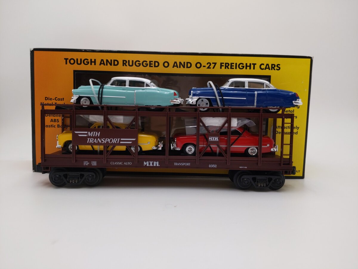 MTH 30-7628 O Gauge Auto Carrier Flatcar with 4 Ertl Cars #4952 EX/Box