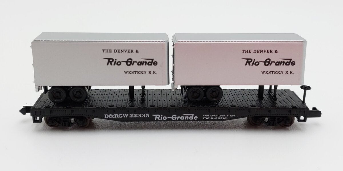 Atlas 37481 N Scale Denver & Rio Grande Piggyback Flatcar w/ 24' Trailers #22335 EX/Box