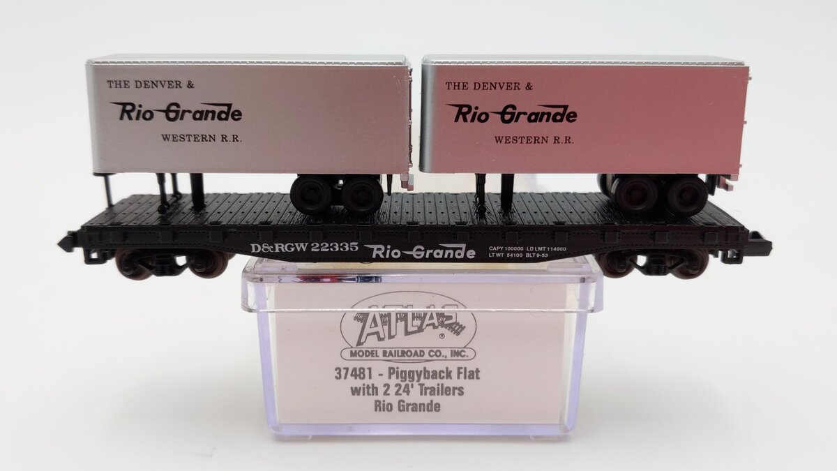 Atlas 37481 N Scale Denver & Rio Grande Piggyback Flatcar w/ 24' Trailers #22335 EX/Box