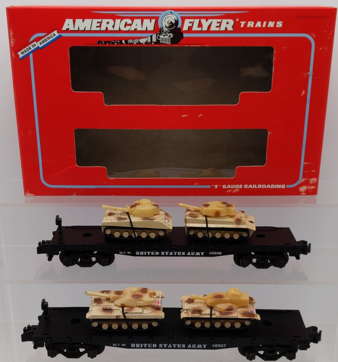 American Flyer 6-48507 S US Army Flatcars with Tanks (Set of 2) EX/Box