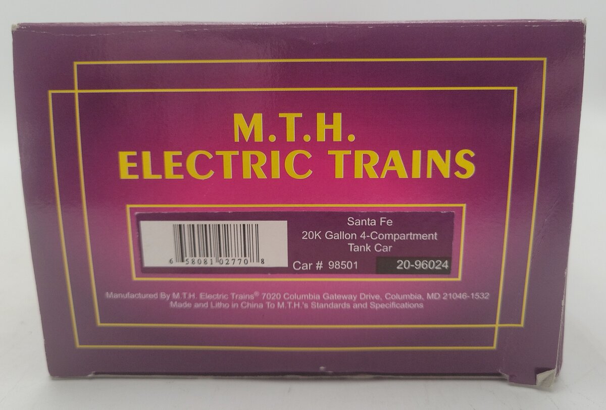 MTH 20-96024 O AT&SF 20,000 Gallon 4-Compartment Tank Car #98501 VG/Box