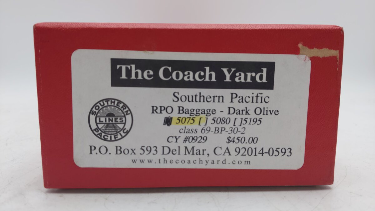 The Coach Yard 5075 HO BRASS Southern Pacific Class 69-BP-30-2 RPO Baggage Car EX/Box