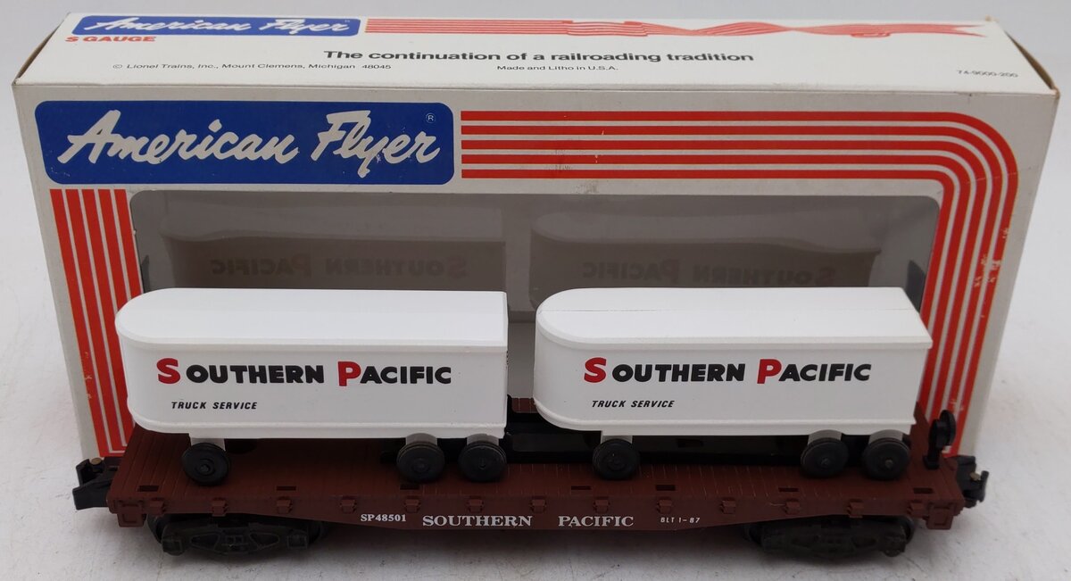 American Flyer 6-48501 S Gauge Southern Pacific Flatcar w/ Trailers EX/Box