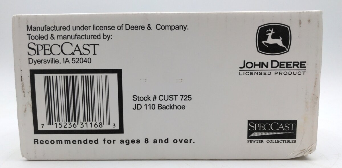 SpecCast 725 1:43 Scale Pewter John Deere 110 Compact Tractor Loader Backhoe NIB