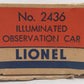 Lionel 2436 Vintage O Lionel Lines Illuminated Mooseheart Observation Car VG/Box