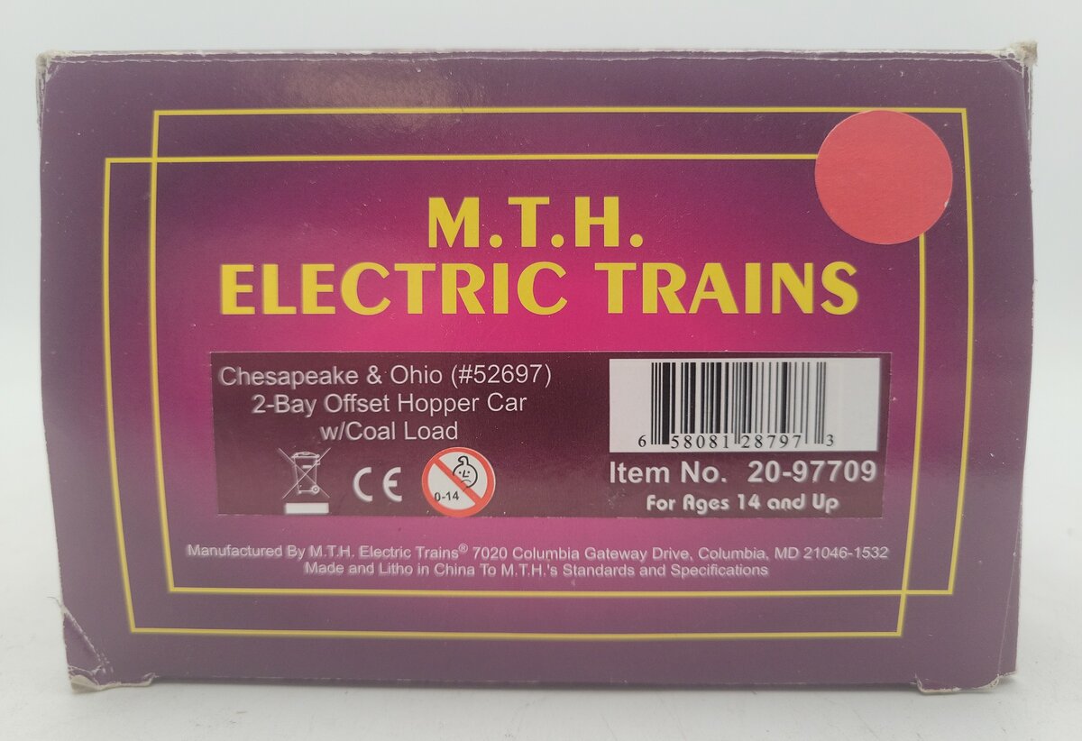 MTH 20-97709 O C&O 2-Bay Offset Hopper Car w/Coal Load #52697 - Custom Weathered/Box