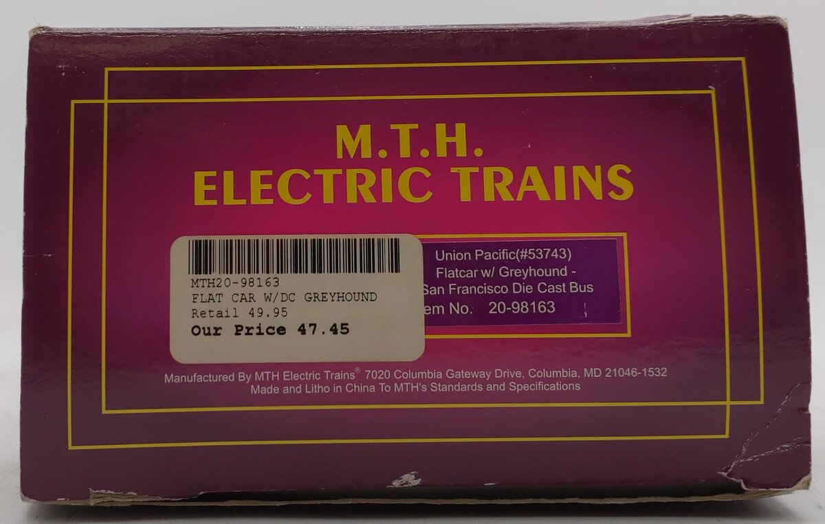 MTH 20-98163 O Gauge Union Pacific Flatcar w/Die-Cast Greyhound Bus #53743 VG/Box