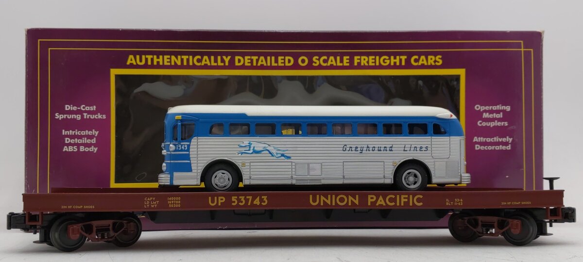 MTH 20-98163 O Gauge Union Pacific Flatcar w/Die-Cast Greyhound Bus #53743 VG/Box