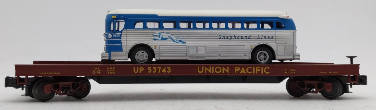 MTH 20-98163 O Gauge Union Pacific Flatcar w/Die-Cast Greyhound Bus #53743 VG/Box