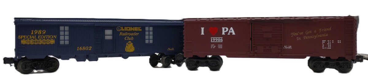 Lionel O Gauge Box & Tool Car: I love PA#6-19906,1989 Railroad Club#6-16802 [2] LN/Box
