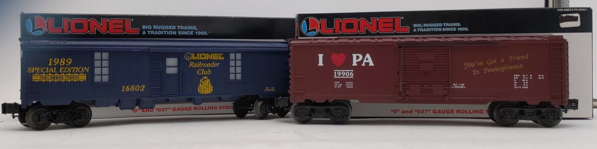 Lionel O Gauge Box & Tool Car: I love PA#6-19906,1989 Railroad Club#6-16802 [2] LN/Box