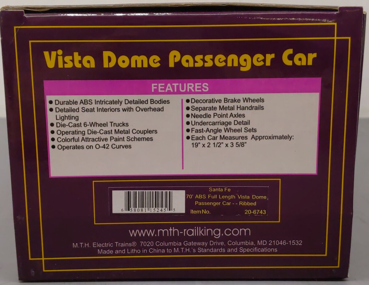 MTH 20-6743 O Gauge Santa Fe Vista Dome Passenger Car #508 VG/Box