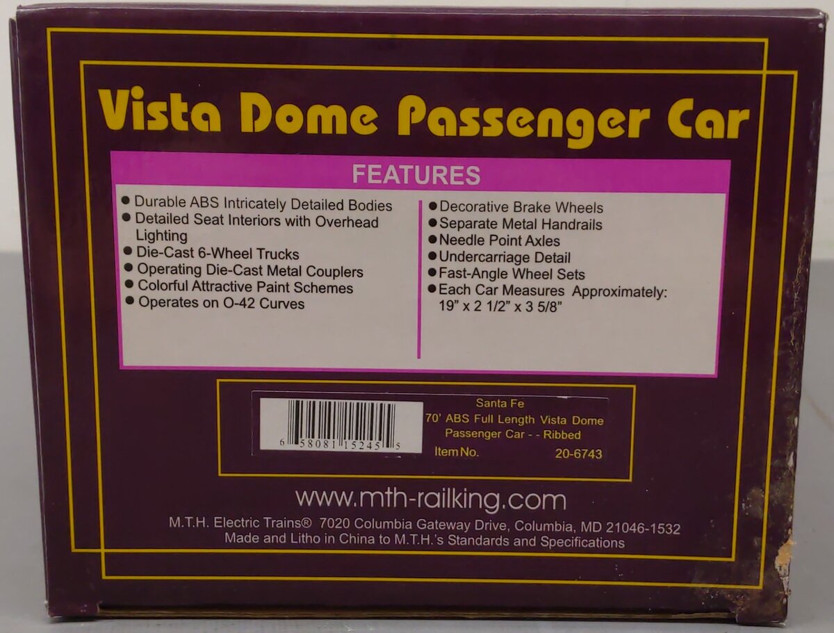 MTH 20-6743 O Gauge Santa Fe Vista Dome Passenger Car #508 VG/Box