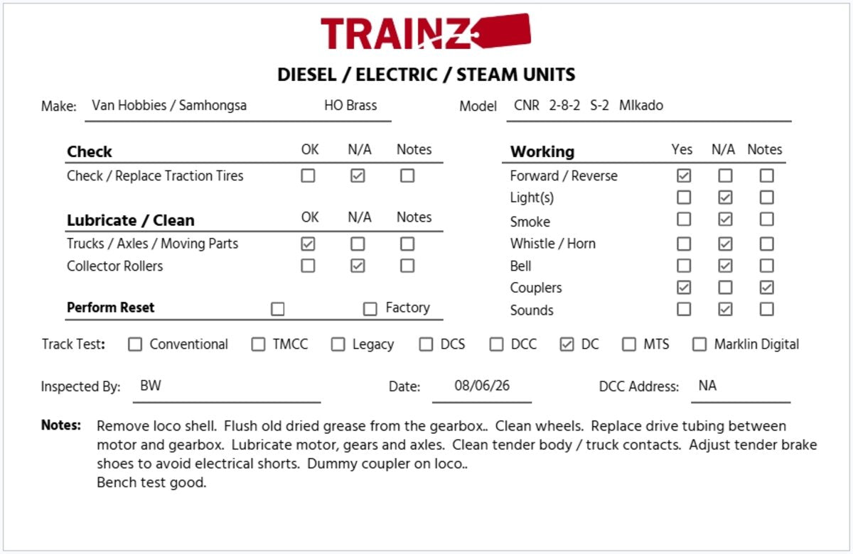 Van Hobbies HO BRASS CNR 2-8-2 S-2 Mikado Steam Loco & Tender -Unpainted EX/Box