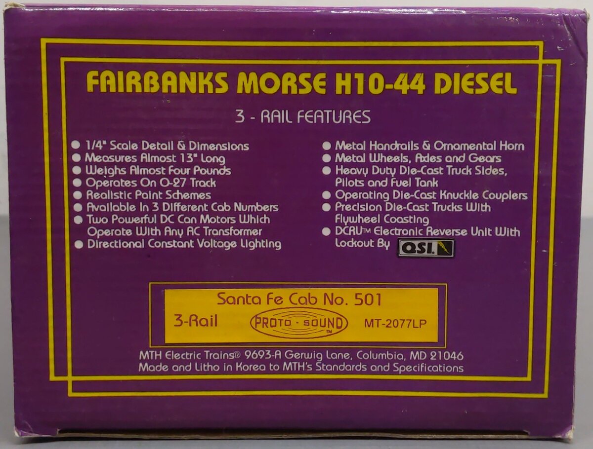 MTH 20-2077-1 O AT&SF Cab Fairbanks Morse H-10-44 Diesel Engine #501 w/ PS 1.0 EX/Box