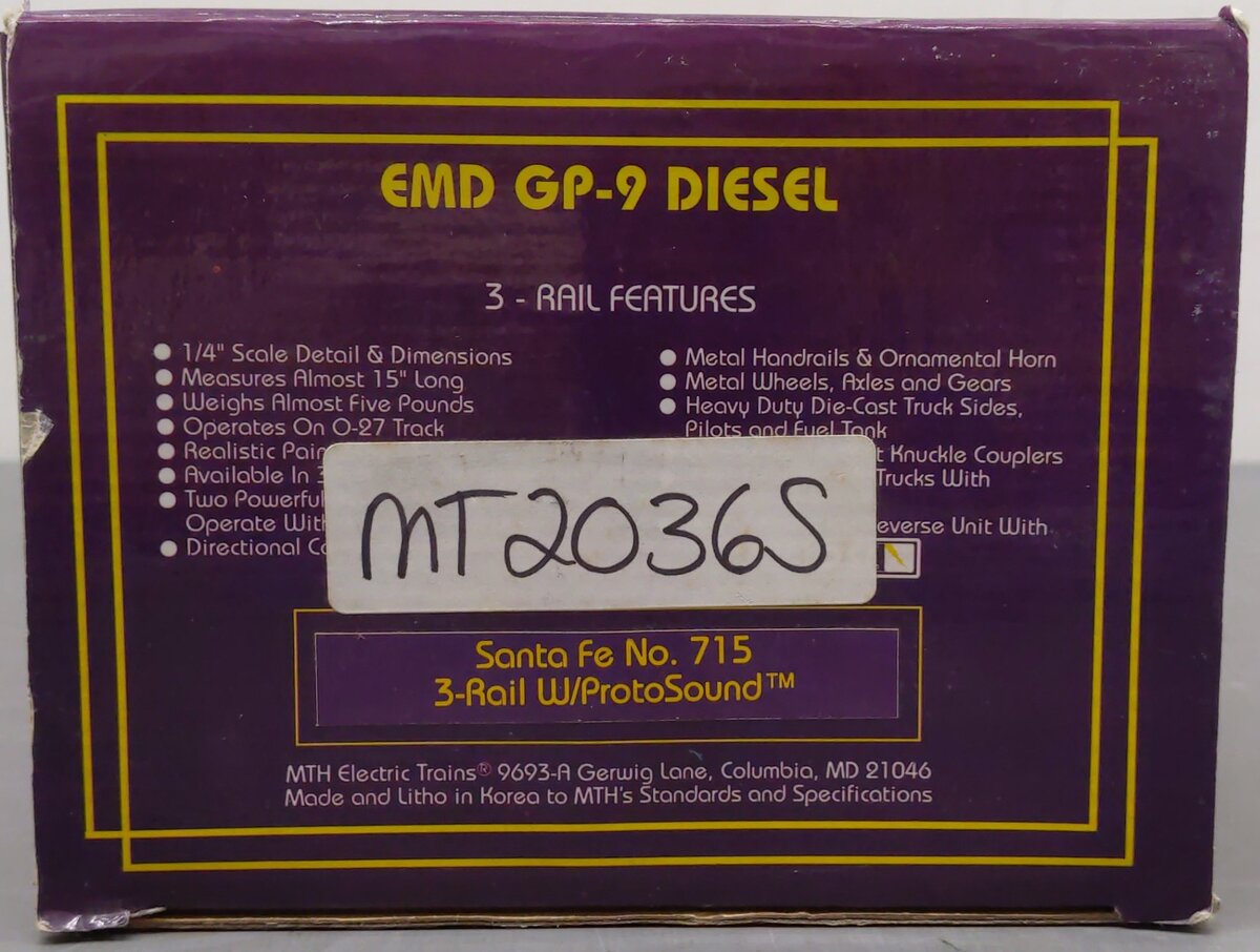 MTH 20-2036-1 Santa Fe EMD GP-9 Diesel Engine w/PS1.0 #715 EX/Box