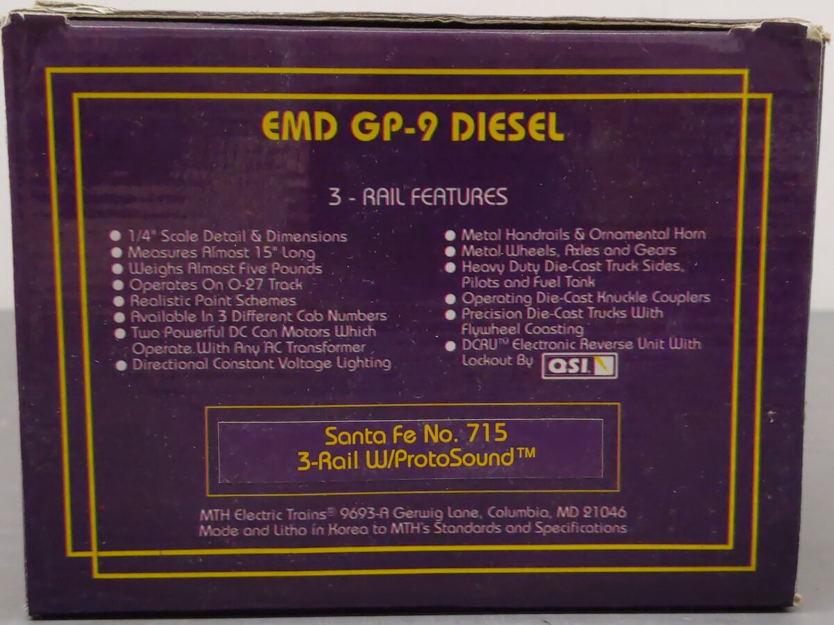 MTH 20-2036-1 Santa Fe EMD GP-9 Diesel Engine w/PS1.0 #715 EX/Box