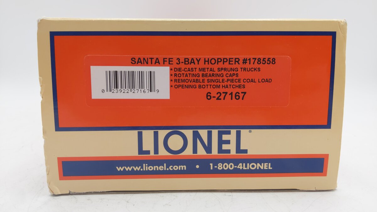 Lionel 6-27167 O Gauge Santa Fe AT&SF 3-Bay Hopper With Coal Load #178558 EX/Box