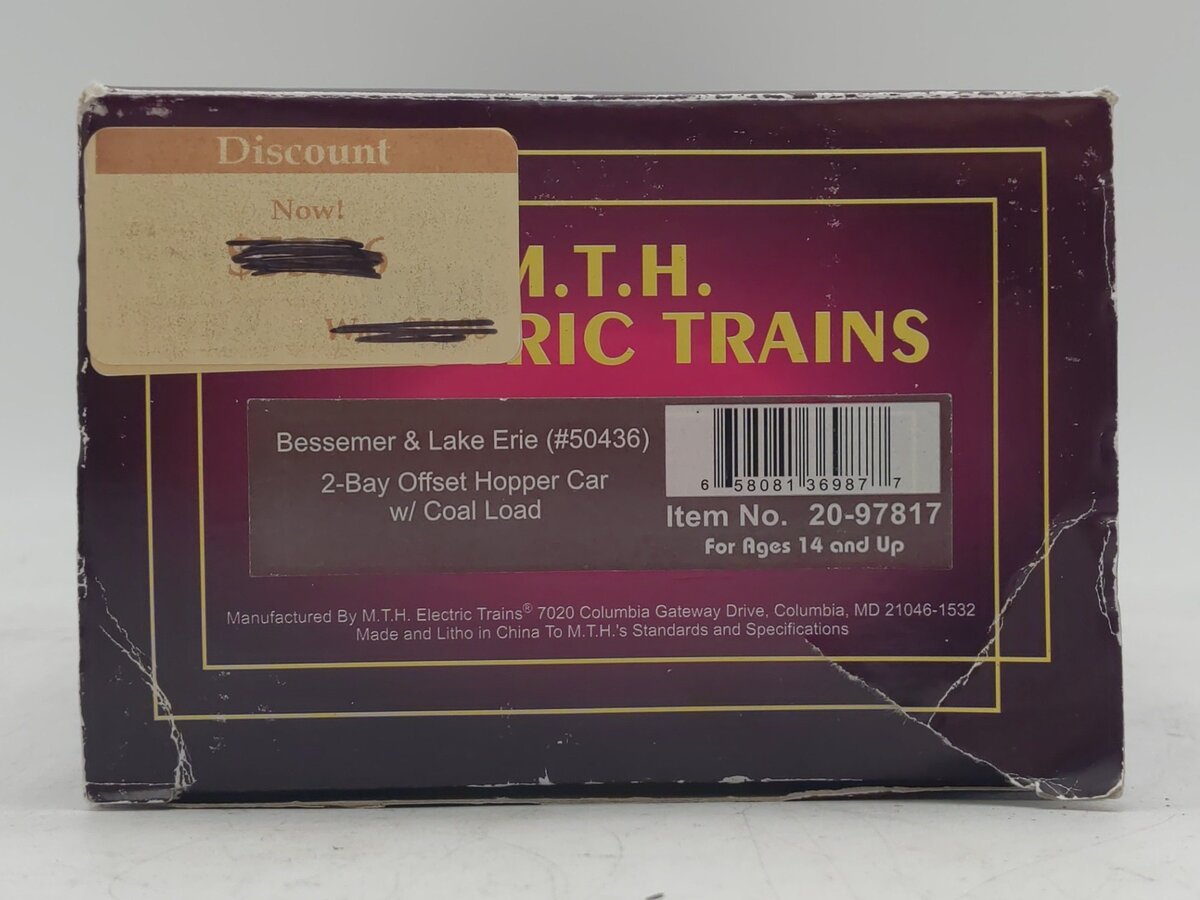 MTH 20-97817 O Bessemer & Lake Erie 2-Bay Offset-Side Steel Hopper 3-Rail #50436 NIB