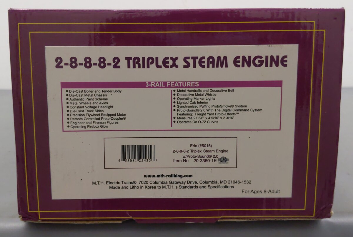MTH 20-3360-1 O Erie 2-8-8-8-2 Triplex O Gauge Steam Freight Train Set w/PS 2.0 LN/Box