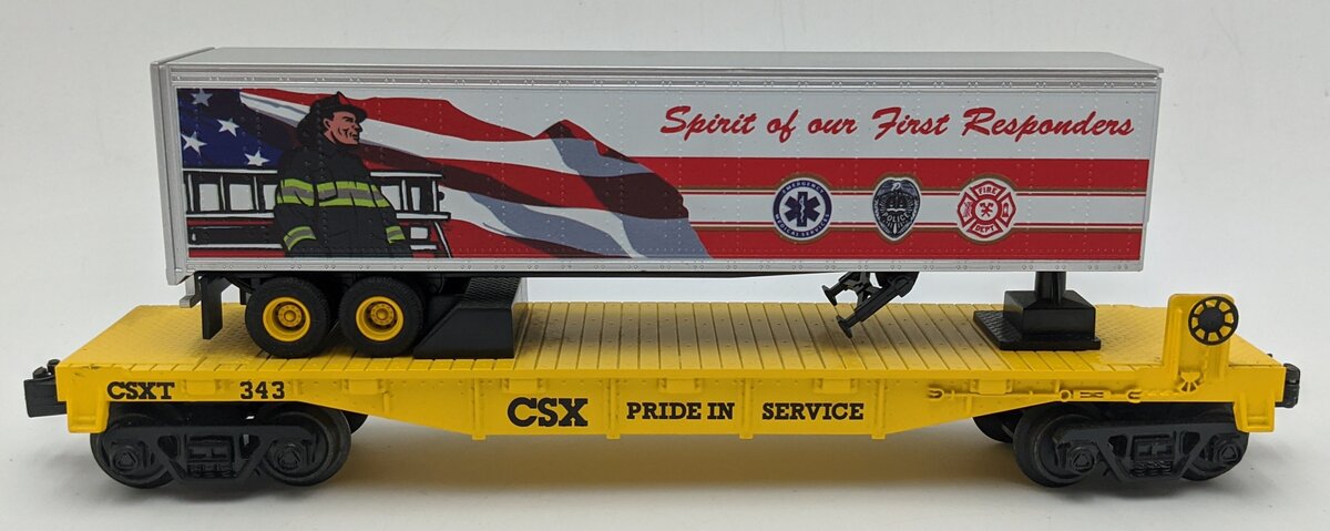 MTH 30-76832 O Gauge CSX First Responders RailKing Flat Car w/40' Trailer #343 LN