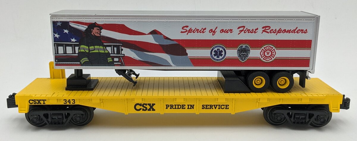 MTH 30-76832 O Gauge CSX First Responders RailKing Flat Car w/40' Trailer #343 LN