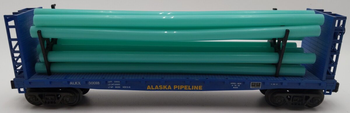 MTH 30-76713 O Alaska Pipeline Flat Car with Bulkheads and Pipe Load #50018 EX