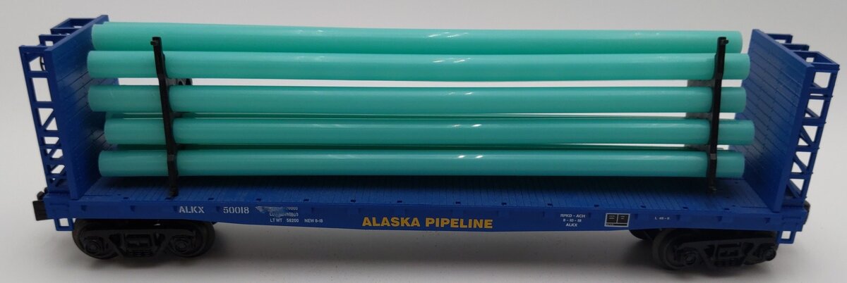 MTH 30-76713 O Alaska Pipeline Flat Car with Bulkheads and Pipe Load #50018 EX