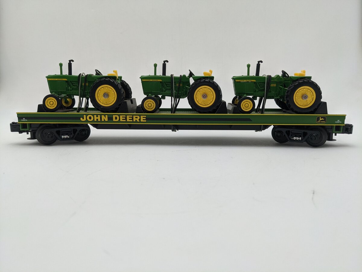 MTH 20-98361 O Gauge John Deere Flat Car w/ Three 4010 Tractors EX