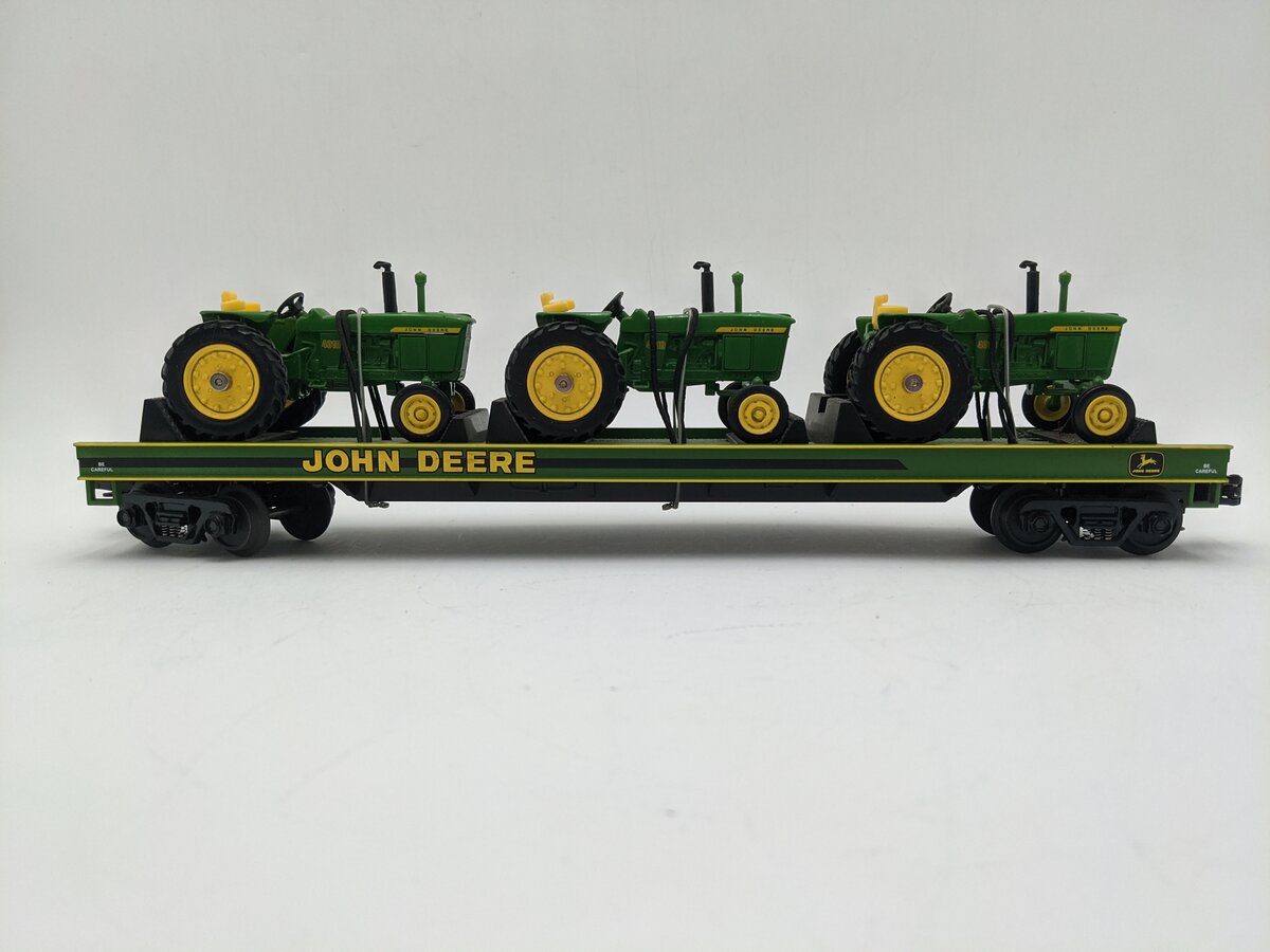MTH 20-98361 O Gauge John Deere Flat Car w/ Three 4010 Tractors EX