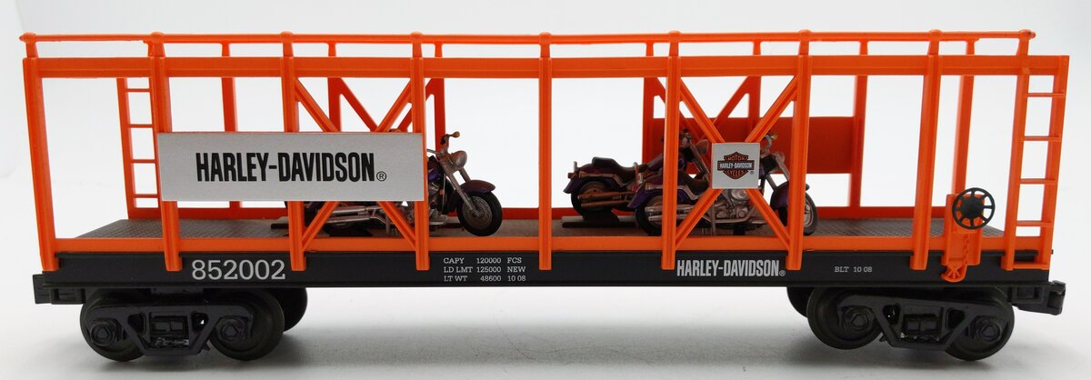 MTH 30-76328 O Gauge Harley Auto Carrier Flatcar w/4 Fat Boys #852002 EX