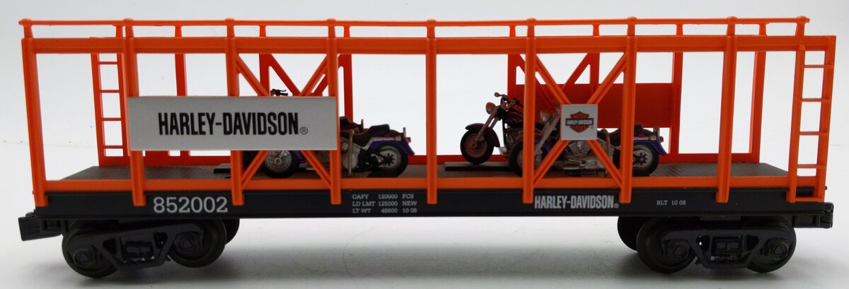 MTH 30-76328 O Gauge Harley Auto Carrier Flatcar w/4 Fat Boys #852002 EX
