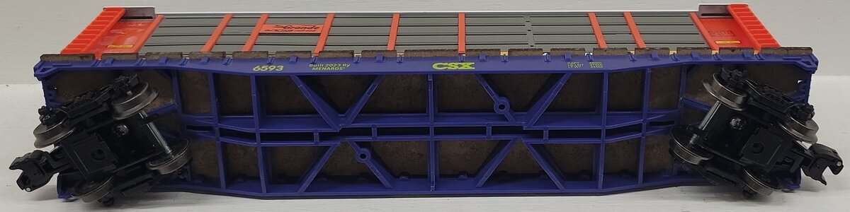 Menards O Gauge Flatcar CSX 6593 with Lionel 6-16214 Auto Carrier Shell EX