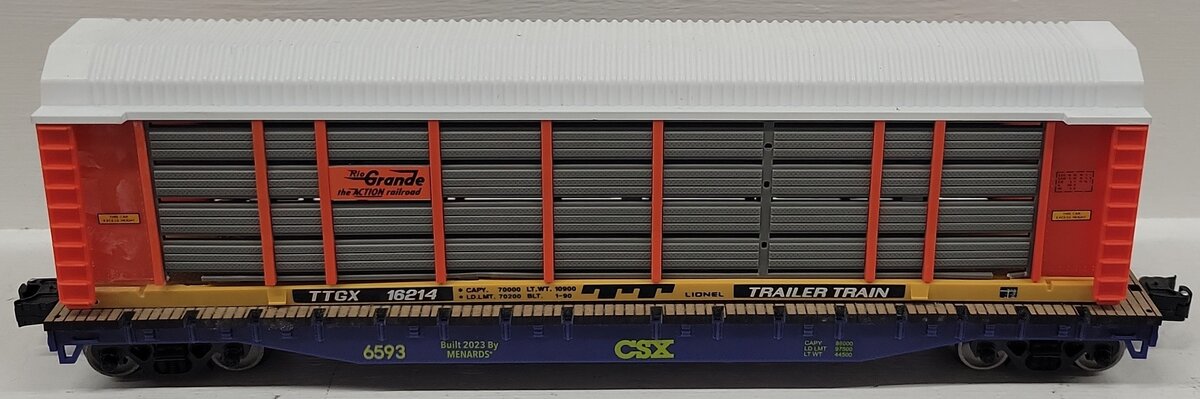 Menards O Gauge Flatcar CSX 6593 with Lionel 6-16214 Auto Carrier Shell EX