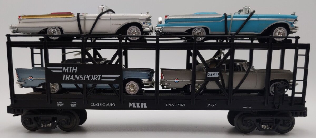 MTH 30-7676 O Gauge MTH Auto Carrier w/ 4 Ertl 1957 Automobiles EX